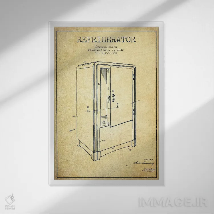 تابلو طرح ثبت اختراع یخچال (قدیمی) اثر پیکسل کهنه (استودیو/نام هنری) - نمای قابدار سفید