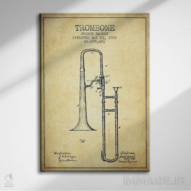 تابلو طرح ثبت اختراع ترومبون (کهنه) اثر پیکسل کهنه (استودیو/نام هنری) - نمای روبهرو روی دیوار