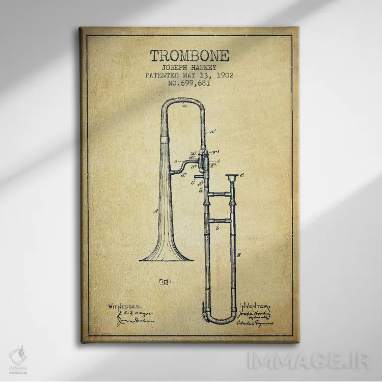 تابلو طرح ثبت اختراع ترومبون (کهنه) اثر پیکسل کهنه (استودیو/نام هنری) - نمای روبهرو روی دیوار