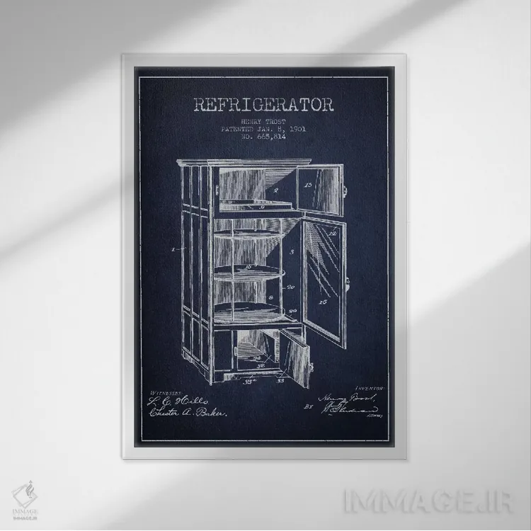 تابلو طرح ثبت اختراع یخچال (آبی نیروی دریایی) اثر پیکسل کهنه (استودیو/نام هنری) - نمای قابدار سفید