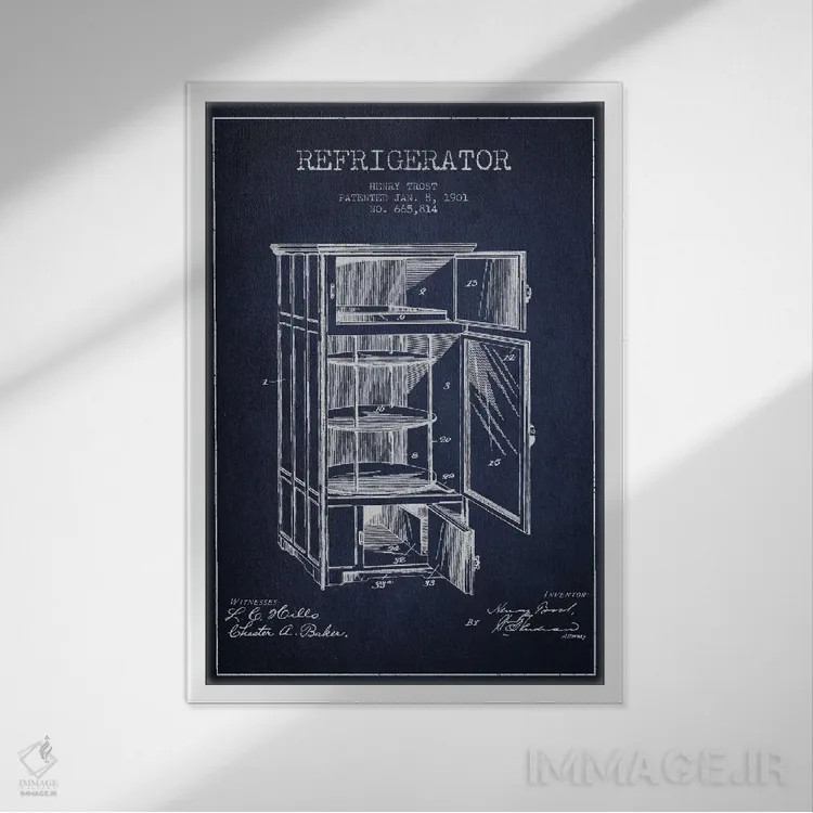 تابلو طرح ثبت اختراع یخچال (آبی نیروی دریایی) اثر پیکسل کهنه (استودیو/نام هنری) - نمای قابدار سفید