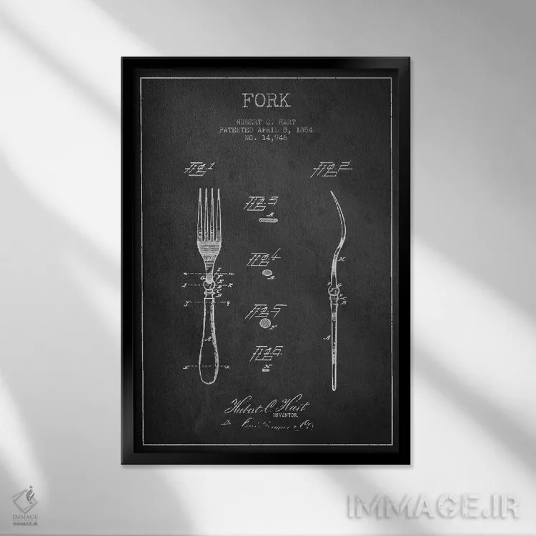 تابلو طرح ثبت اختراع چنگال (طرح ذغالی) اثر پیکسل کهنه (استودیو/نام هنری) - نمای قابدار مشکی