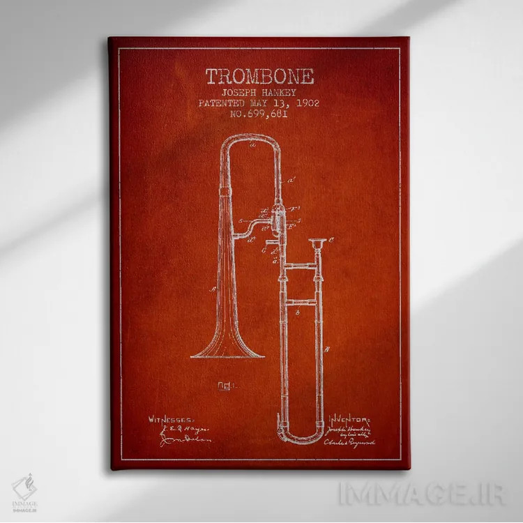تابلو طرح ثبت اختراع ترومبون (قرمز) اثر پیکسل کهنه (استودیو/نام هنری) - نمای روبهرو روی دیوار