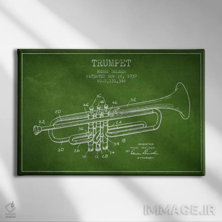تابلو طرح ثبت اختراع ترومپت (سبز) اثر پیکسل کهنه (استودیو/نام هنری) - نمای روبهرو روی دیوار
