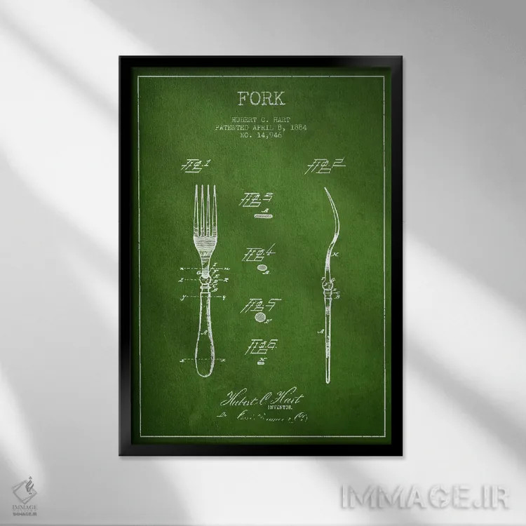 تابلو طرح ثبت اختراع چنگال (سبز) اثر پیکسل کهنه (استودیو/نام هنری) - نمای قابدار مشکی