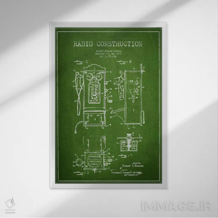 تابلو طرح ثبت اختراع رادیو باورس (سبز) اثر پیکسل کهنه (استودیو/نام هنری) - نمای قابدار سفید