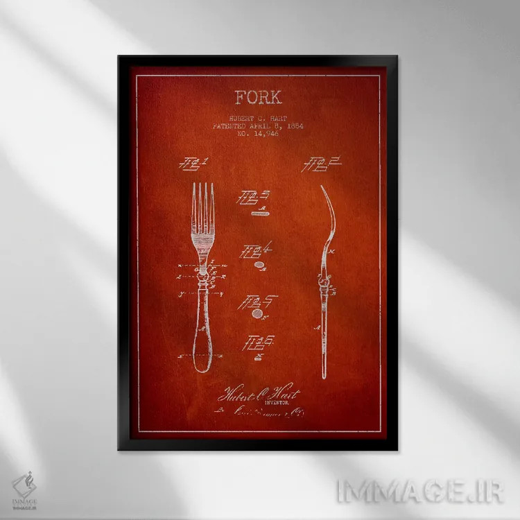 تابلو طرح ثبت اختراع چنگال (قرمز) اثر پیکسل کهنه (استودیو/نام هنری) - نمای قابدار مشکی