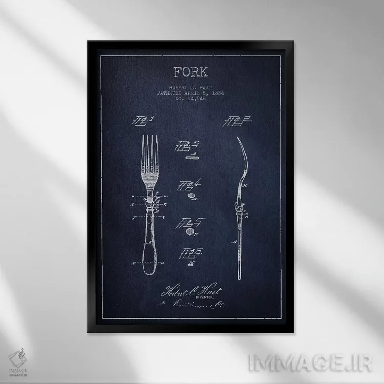 تابلو طرح ثبت اختراع چنگال (آبی نیروی دریایی) اثر پیکسل کهنه (استودیو/نام هنری) - نمای قابدار مشکی