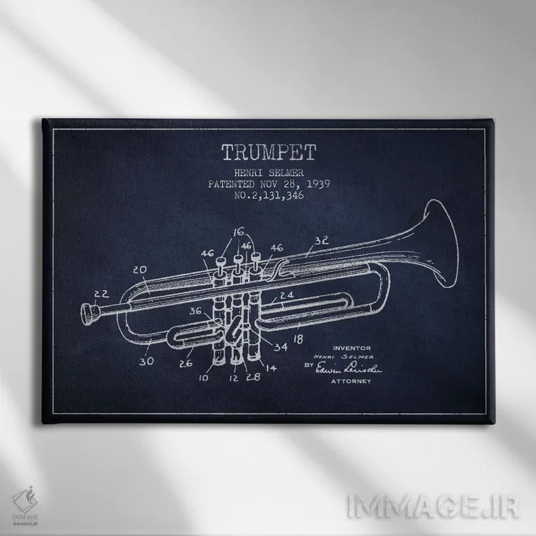تابلو طرح ثبت اختراع ترومپت (آبی نفتی) اثر پیکسل کهنه (استودیو/نام هنری) - نمای روبهرو روی دیوار