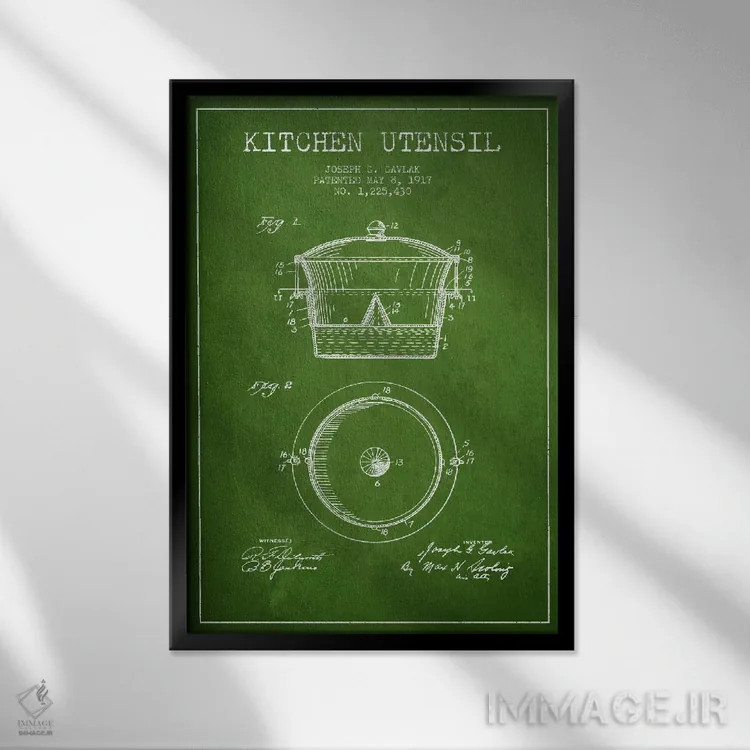 تابلو طرح ثبت اختراع لوازم آشپزخانه (سبز) اثر پیکسل کهنه (استودیو/نام هنری) - نمای قابدار مشکی