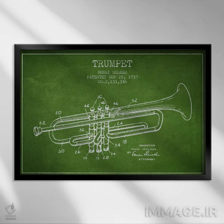 تابلو طرح ثبت اختراع ترومپت (سبز) اثر پیکسل کهنه (استودیو/نام هنری) - نمای قابدار مشکی