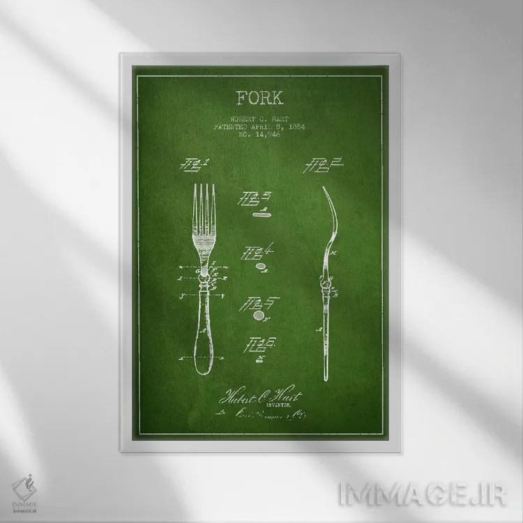 تابلو طرح ثبت اختراع چنگال (سبز) اثر پیکسل کهنه (استودیو/نام هنری) - نمای قابدار سفید