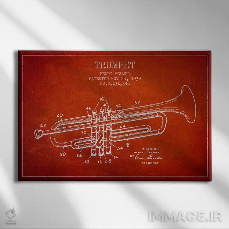 تابلو طرح ثبت اختراع ترومپت (قرمز) اثر پیکسل کهنه (استودیو/نام هنری) - نمای روبهرو روی دیوار