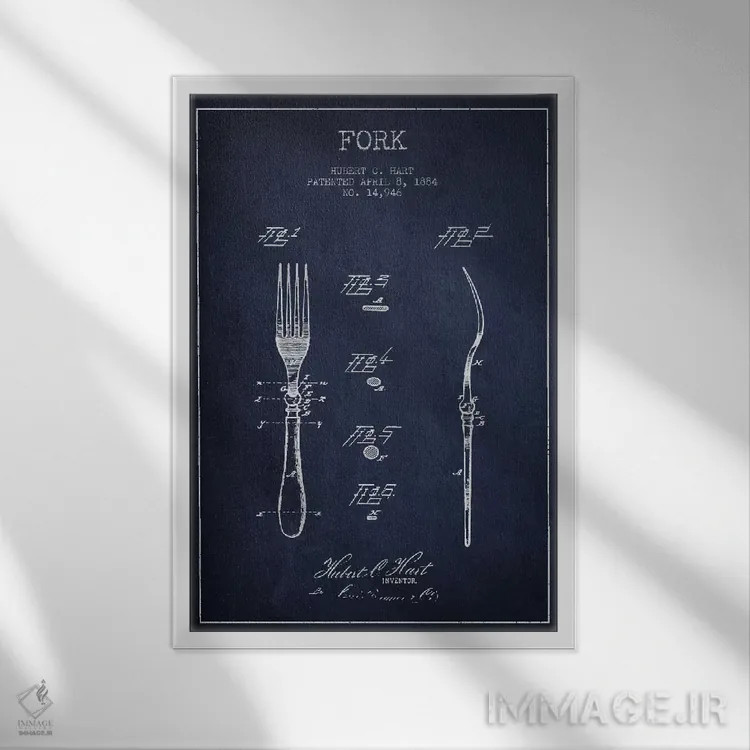 تابلو طرح ثبت اختراع چنگال (آبی نیروی دریایی) اثر پیکسل کهنه (استودیو/نام هنری) - نمای قابدار سفید