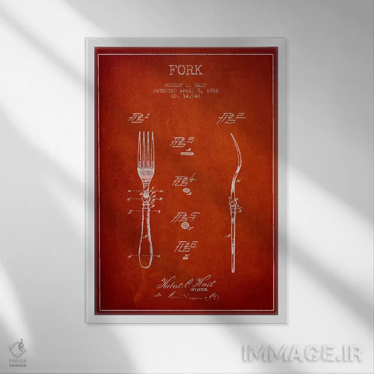 تابلو طرح ثبت اختراع چنگال (قرمز) اثر پیکسل کهنه (استودیو/نام هنری) - نمای قابدار سفید