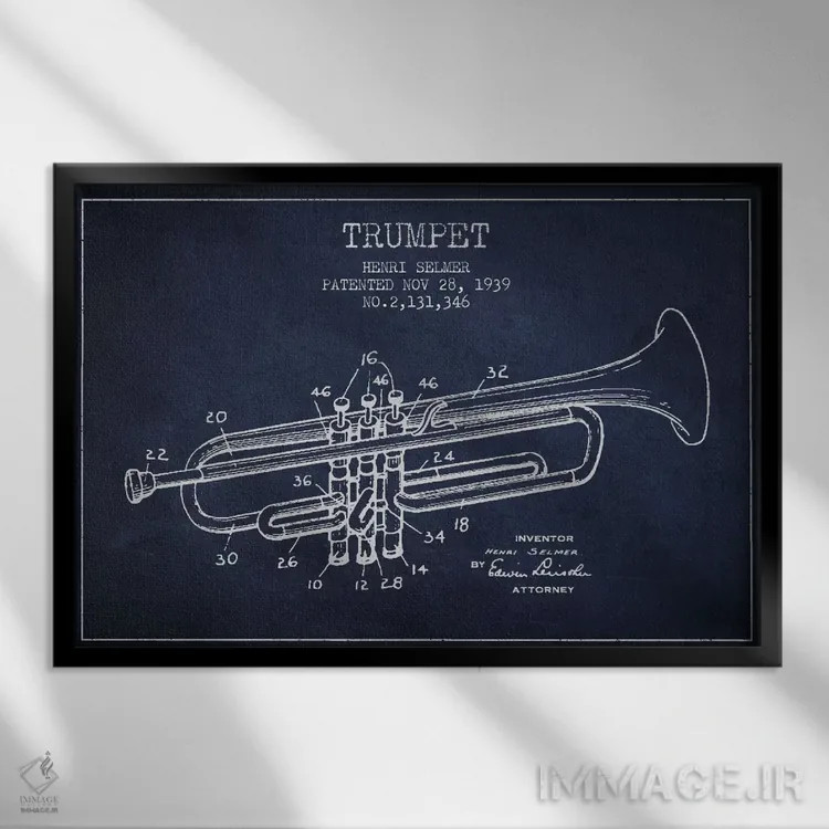 تابلو طرح ثبت اختراع ترومپت (آبی نفتی) اثر پیکسل کهنه (استودیو/نام هنری) - نمای قابدار مشکی