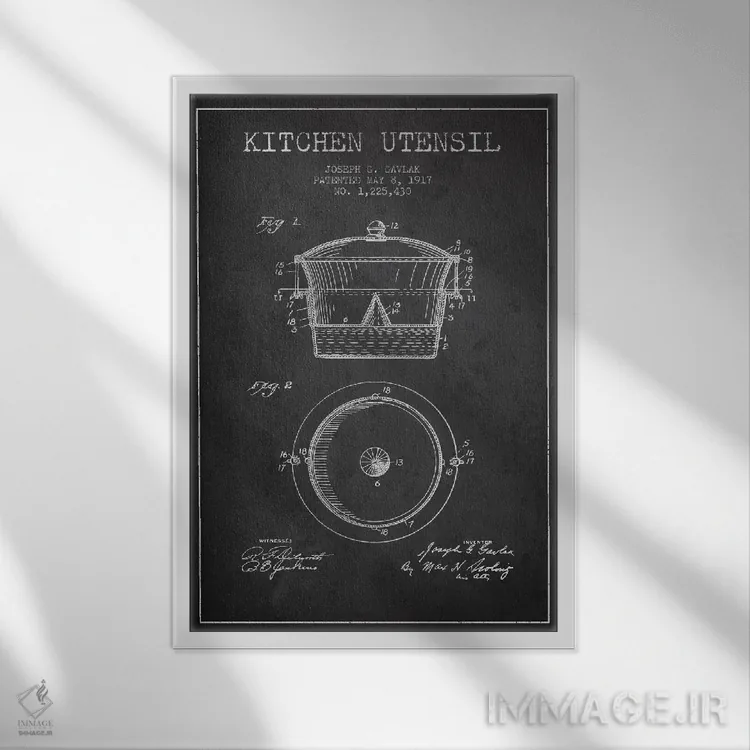 تابلو طرح ثبت اختراع لوازم آشپزخانه (طرح ذغالی) اثر پیکسل کهنه (استودیو/نام هنری) - نمای قابدار سفید