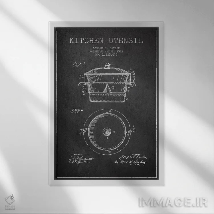 تابلو طرح ثبت اختراع لوازم آشپزخانه (طرح ذغالی) اثر پیکسل کهنه (استودیو/نام هنری) - نمای قابدار سفید