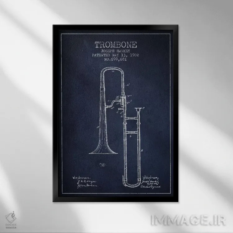 تابلو طرح ثبت اختراع ترومبون (آبی نفتی) اثر پیکسل کهنه (استودیو/نام هنری) - نمای قابدار مشکی