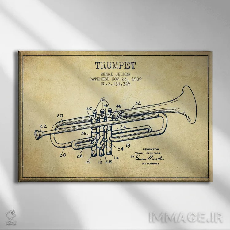 تابلو طرح ثبت اختراع ترومپت (کهنه) اثر پیکسل کهنه (استودیو/نام هنری) - نمای روبهرو روی دیوار