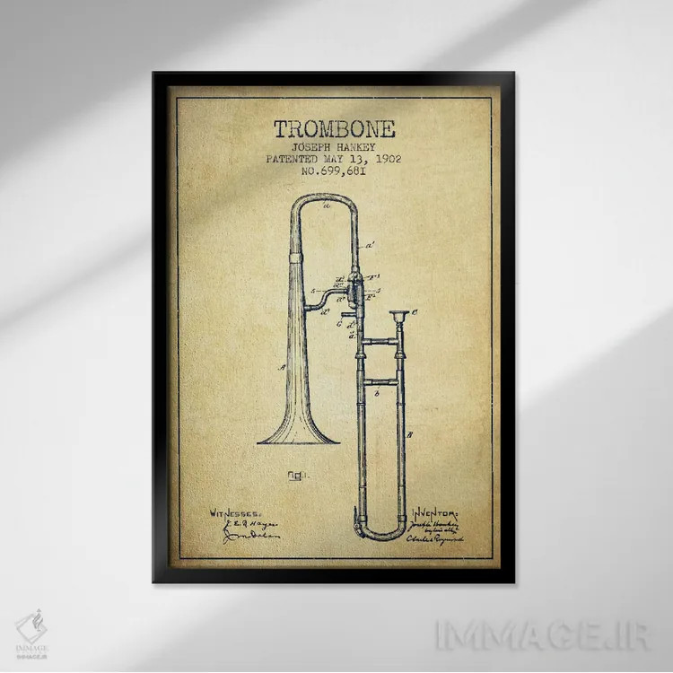تابلو طرح ثبت اختراع ترومبون (کهنه) اثر پیکسل کهنه (استودیو/نام هنری) - نمای قابدار مشکی