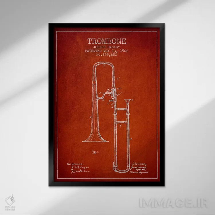 تابلو طرح ثبت اختراع ترومبون (قرمز) اثر پیکسل کهنه (استودیو/نام هنری) - نمای قابدار مشکی