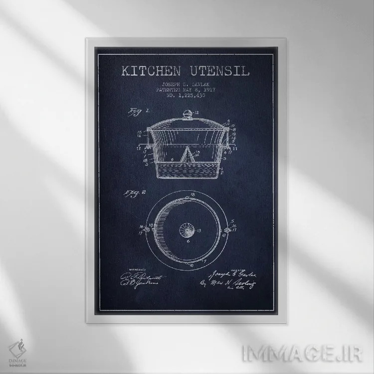 تابلو طرح ثبت اختراع ظرف آشپزخانه (آبی نفتی) اثر پیکسل کهنه (استودیو/نام هنری) - نمای قابدار سفید