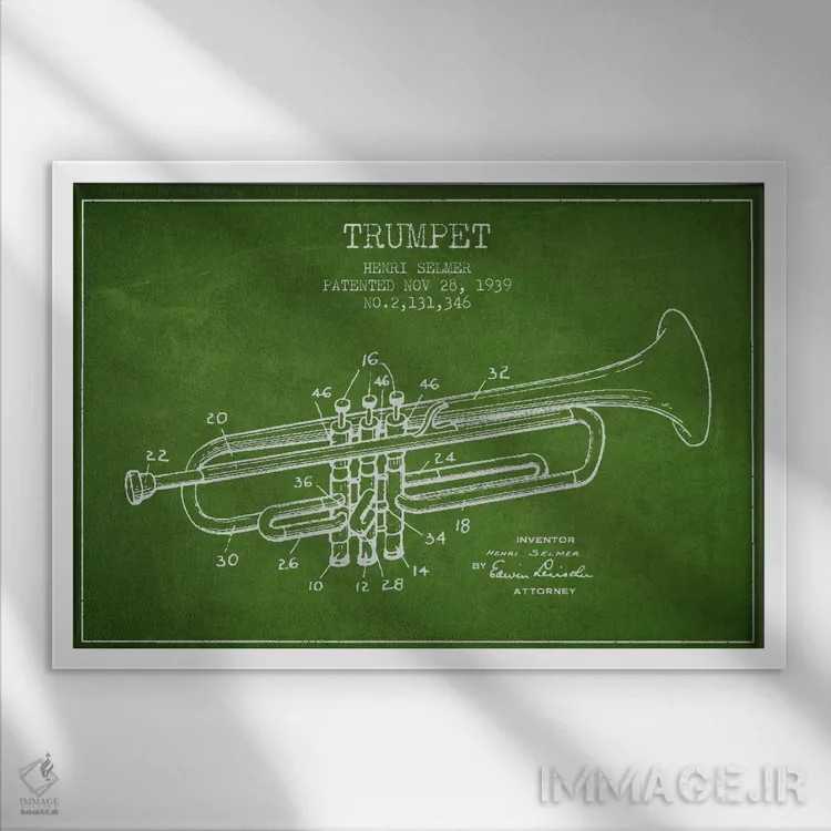 تابلو طرح ثبت اختراع ترومپت (سبز) اثر پیکسل کهنه (استودیو/نام هنری) - نمای قابدار سفید