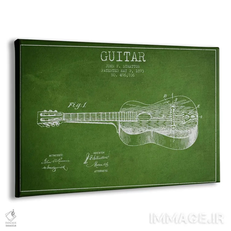 تابلو طرح ثبت اختراع گیتار (سبز) اثر پیکسل کهنه (استودیو/نام هنری) - نمای پرسپکتیو محصول