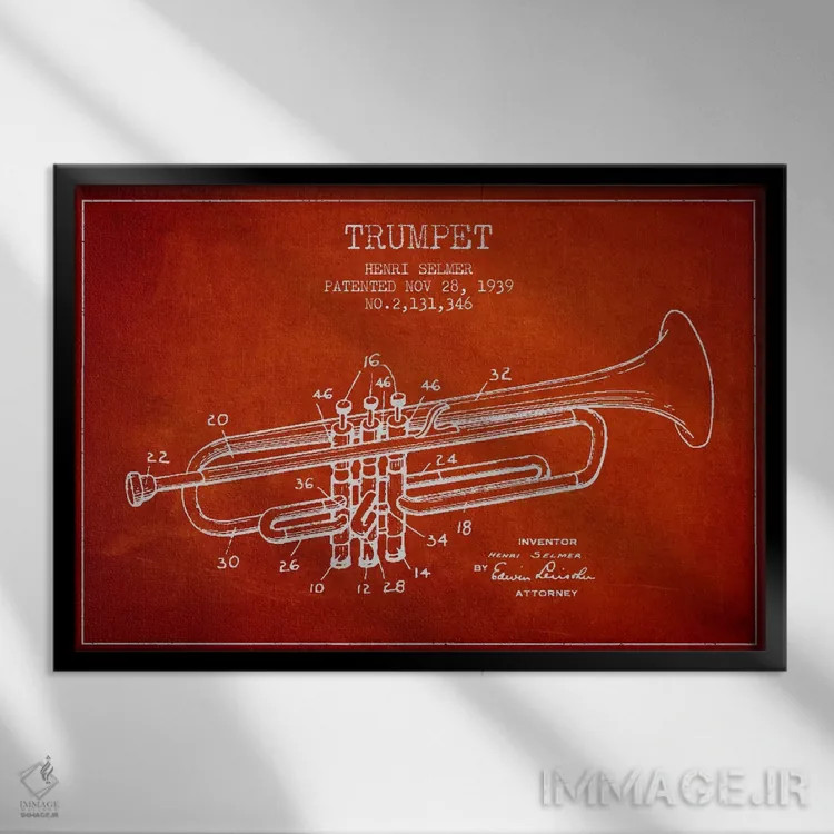 تابلو طرح ثبت اختراع ترومپت (قرمز) اثر پیکسل کهنه (استودیو/نام هنری) - نمای قابدار مشکی