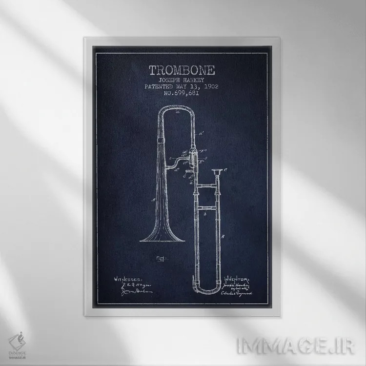 تابلو طرح ثبت اختراع ترومبون (آبی نفتی) اثر پیکسل کهنه (استودیو/نام هنری) - نمای قابدار سفید