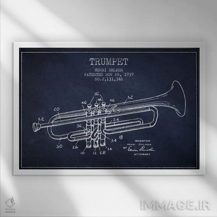 تابلو طرح ثبت اختراع ترومپت (آبی نفتی) اثر پیکسل کهنه (استودیو/نام هنری) - نمای قابدار سفید