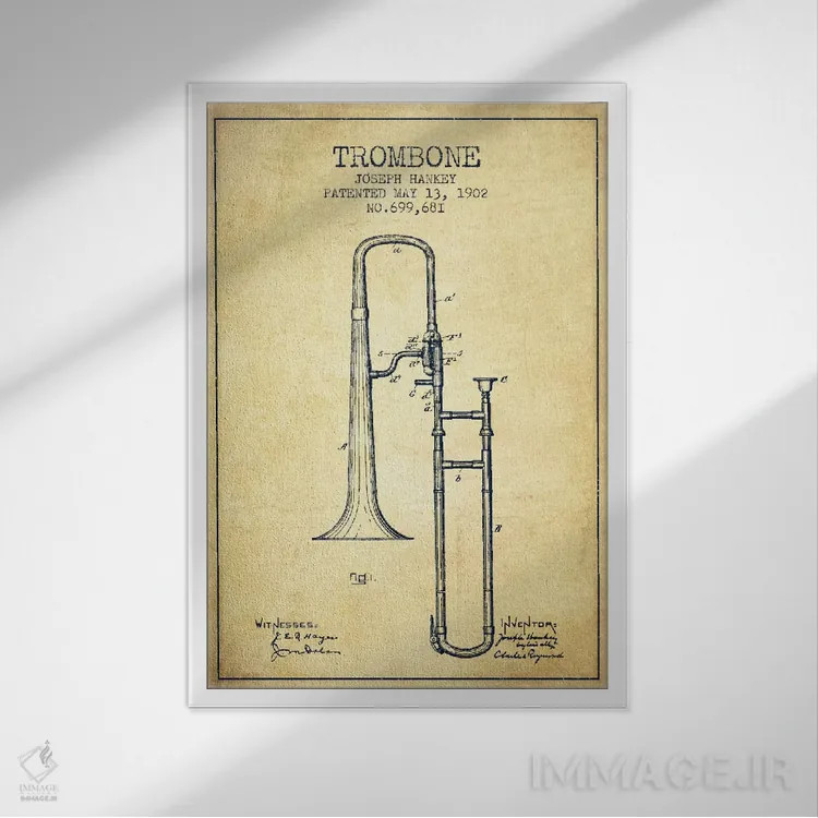 تابلو طرح ثبت اختراع ترومبون (کهنه) اثر پیکسل کهنه (استودیو/نام هنری) - نمای قابدار سفید