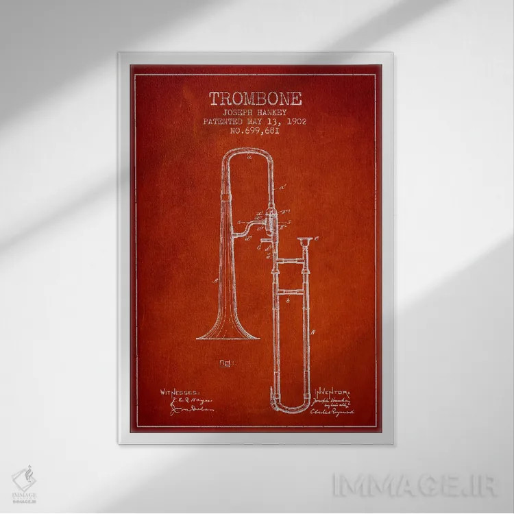 تابلو طرح ثبت اختراع ترومبون (قرمز) اثر پیکسل کهنه (استودیو/نام هنری) - نمای قابدار سفید