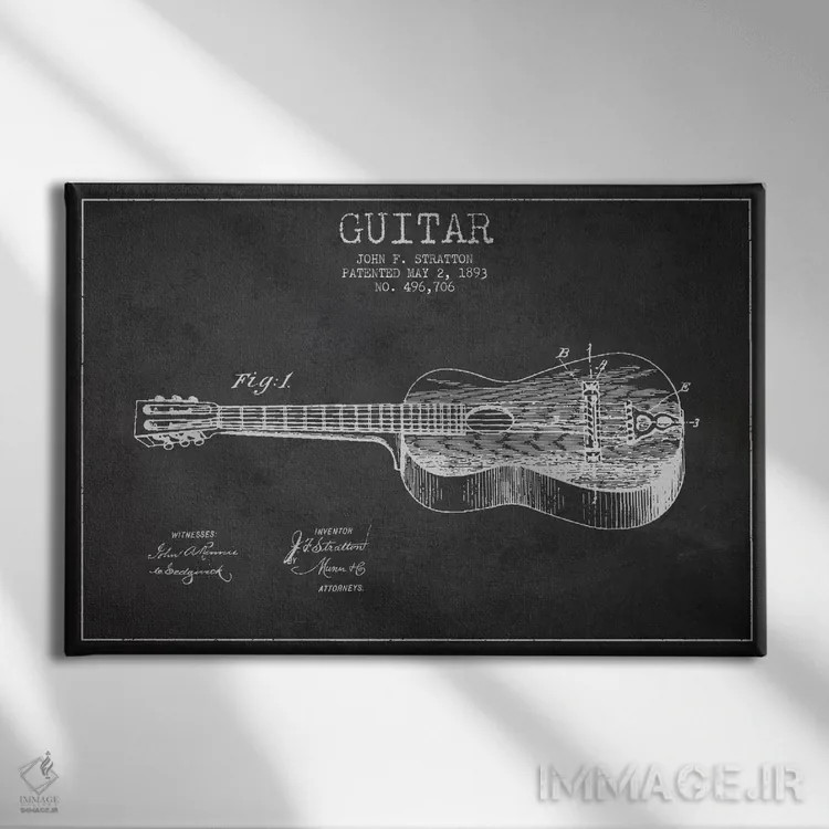 تابلو طرح ثبت اختراع گیتار (زغالی) اثر پیکسل کهنه (استودیو/نام هنری) - نمای روبهرو روی دیوار