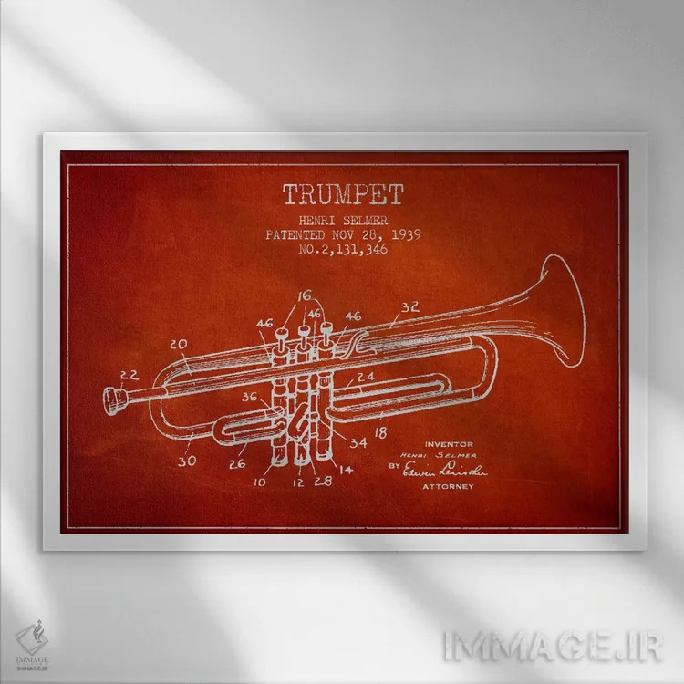 تابلو طرح ثبت اختراع ترومپت (قرمز) اثر پیکسل کهنه (استودیو/نام هنری) - نمای قابدار سفید