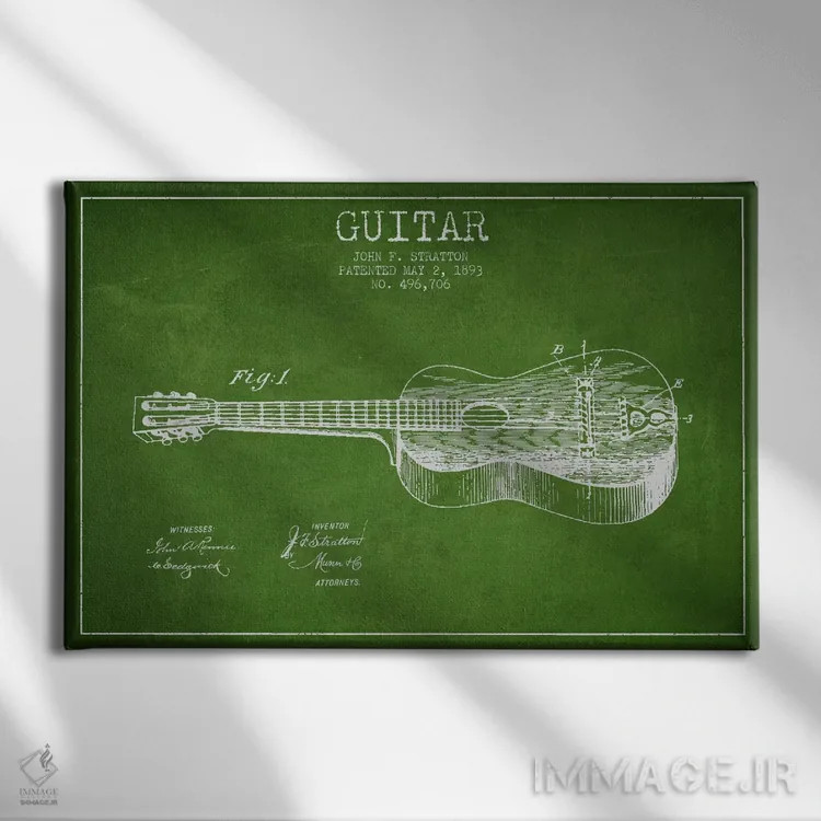 تابلو طرح ثبت اختراع گیتار (سبز) اثر پیکسل کهنه (استودیو/نام هنری) - نمای روبهرو روی دیوار
