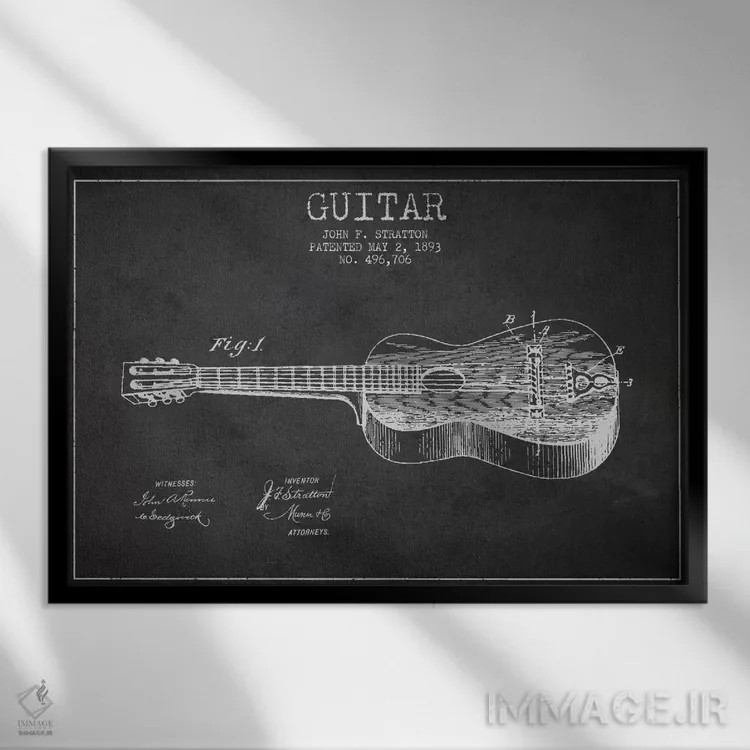تابلو طرح ثبت اختراع گیتار (زغالی) اثر پیکسل کهنه (استودیو/نام هنری) - نمای قابدار مشکی