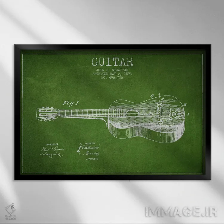 تابلو طرح ثبت اختراع گیتار (سبز) اثر پیکسل کهنه (استودیو/نام هنری) - نمای قابدار مشکی