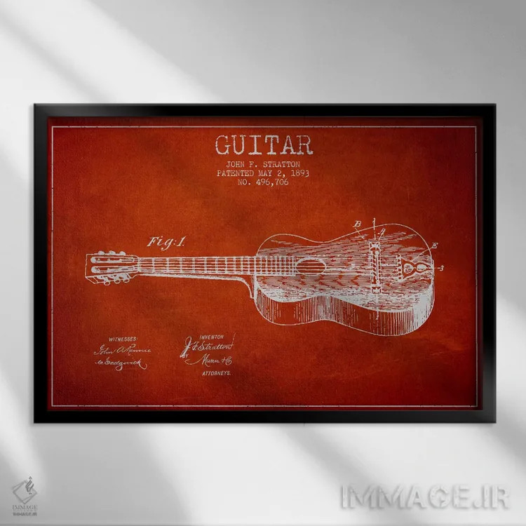 تابلو طرح ثبت اختراع گیتار (قرمز) اثر پیکسل کهنه (استودیو/نام هنری) - نمای قابدار مشکی