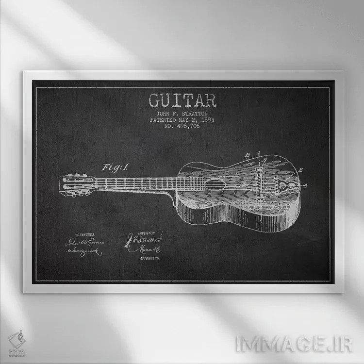تابلو طرح ثبت اختراع گیتار (زغالی) اثر پیکسل کهنه (استودیو/نام هنری) - نمای قابدار سفید