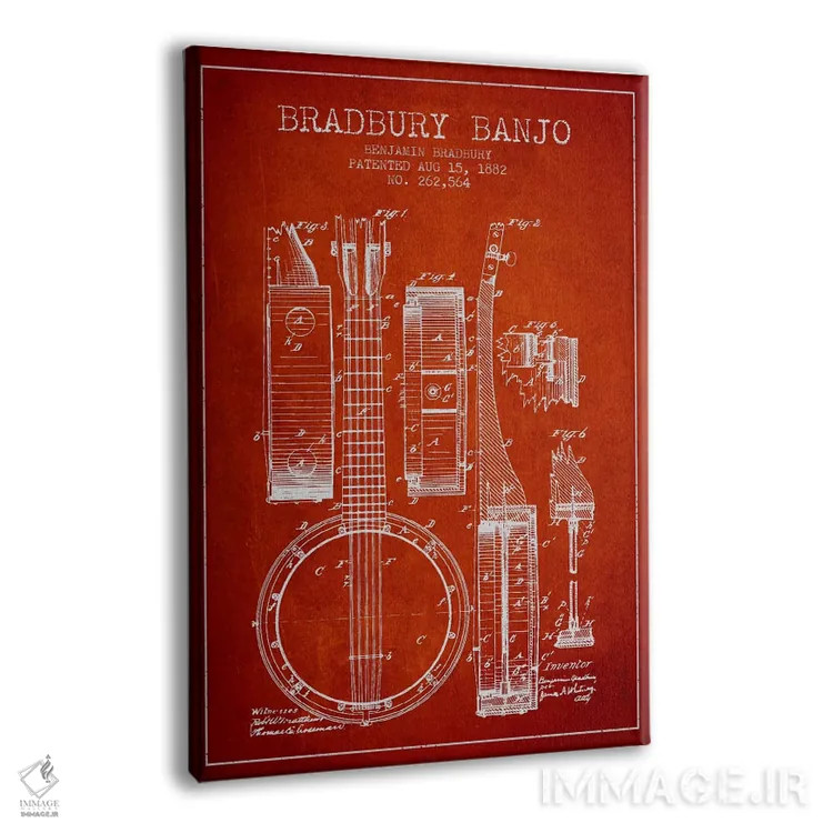 تابلو طرح ثبت اختراع بانجو (قرمز) اثر پیکسل کهنه (استودیو/نام هنری) - نمای پرسپکتیو محصول