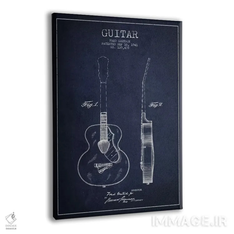 تابلو طرح ثبت اختراع گیتار (آبی نفتی) اثر پیکسل کهنه (استودیو/نام هنری) - نمای پرسپکتیو محصول