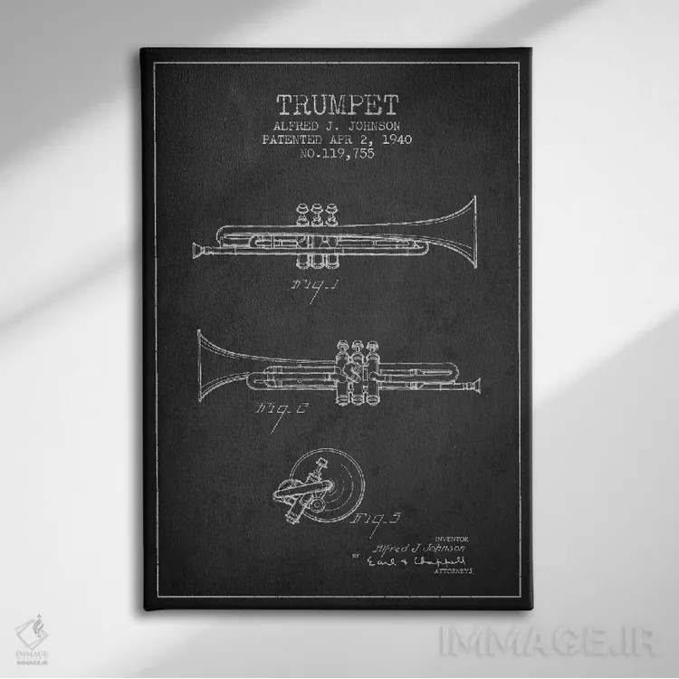تابلو طرح ثبت اختراع ترومپت (زغالی) اثر پیکسل کهنه (استودیو/نام هنری) - نمای روبهرو روی دیوار