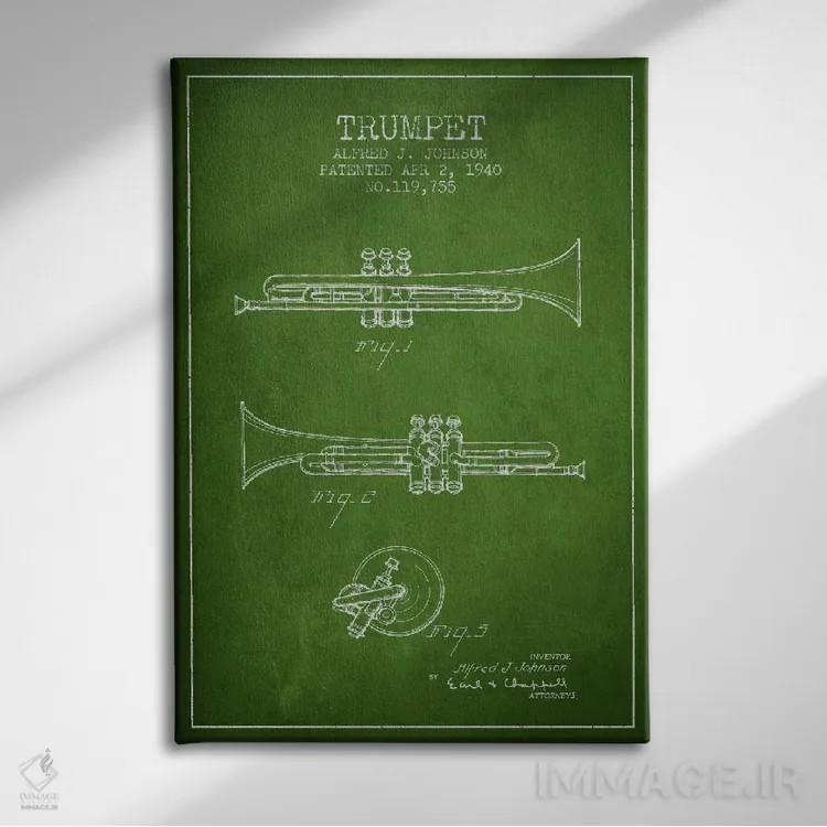 تابلو طرح ثبت اختراع ترومپت (سبز) اثر پیکسل کهنه (استودیو/نام هنری) - نمای روبهرو روی دیوار