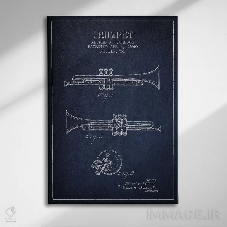 تابلو طرح ثبت اختراع ترومپت (آبی نفتی) اثر پیکسل کهنه (استودیو/نام هنری) - نمای روبهرو روی دیوار