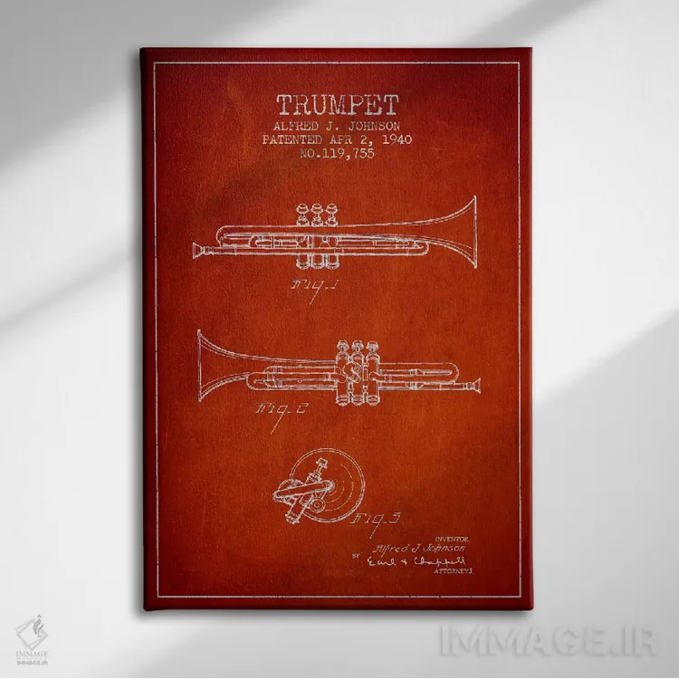 تابلو طرح ثبت اختراع ترومپت (قرمز) اثر پیکسل کهنه (استودیو/نام هنری) - نمای روبهرو روی دیوار