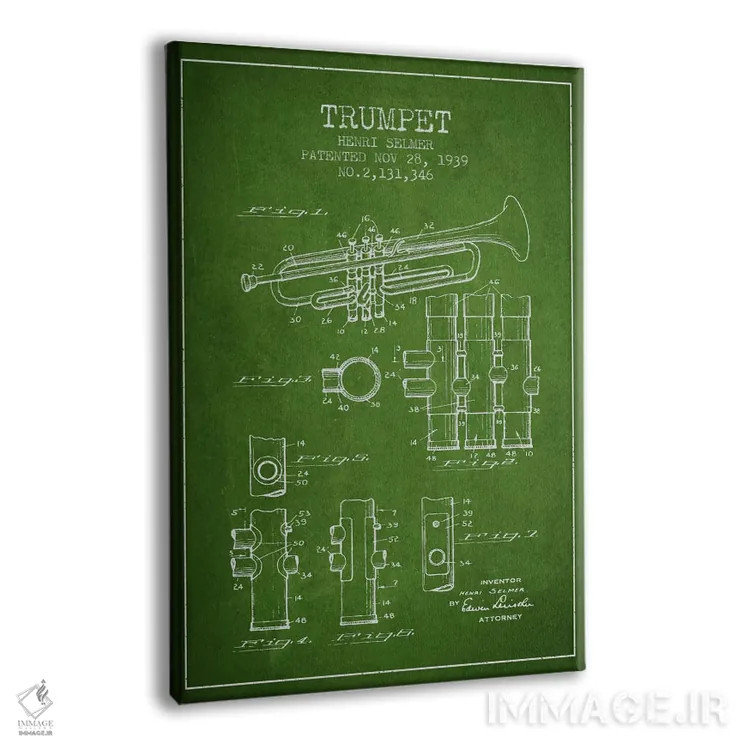 تابلو طرح ثبت اختراع ترومپت (سبز) اثر پیکسل کهنه (استودیو/نام هنری) - نمای پرسپکتیو محصول