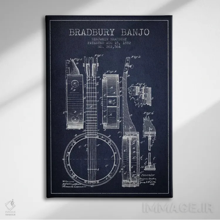 تابلو طرح ثبت اختراع بانجو (آبی نفتی) اثر پیکسل کهنه (استودیو/نام هنری) - نمای روبهرو روی دیوار