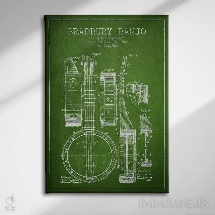 تابلو طرح ثبت اختراع بانجو (سبز) اثر پیکسل کهنه (استودیو/نام هنری) - نمای روبهرو روی دیوار